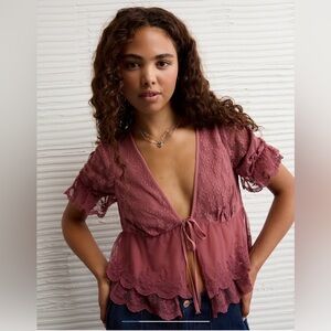 American Eagle RUFFLEDTie-FRONT Trimmed Blouse